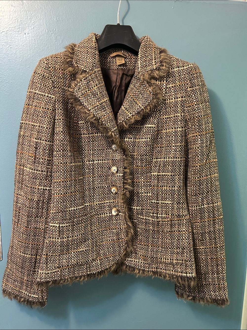 BRAND NEW WITH TAG Faux Fur Trim brown plaid tweed blazer size 8 H&M VINTAGE